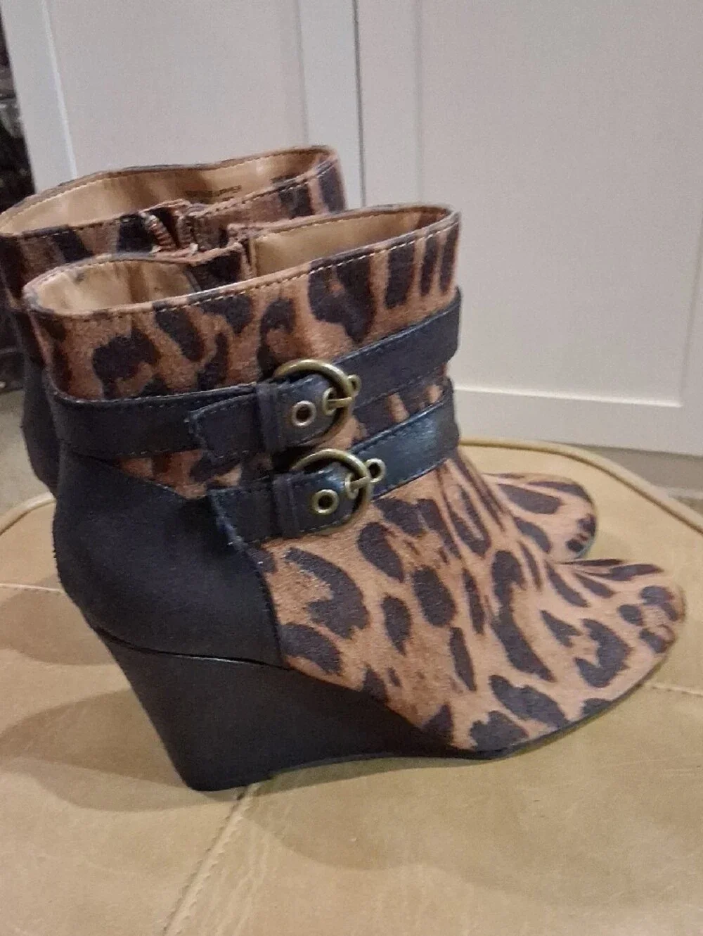 Jaclyn Smith Leopard Print Wedge Ankle Boots with Buckle Straps
